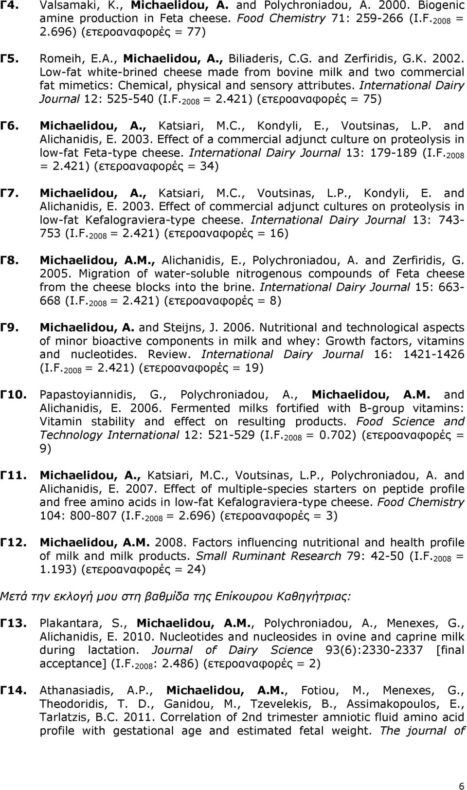 F. 2008 = 2.421) (ετεροαναφορές = 75) Γ6. Michaelidou, A., Katsiari, M.C., Kondyli, E., Voutsinas, L.P. and Alichanidis, E. 2003.