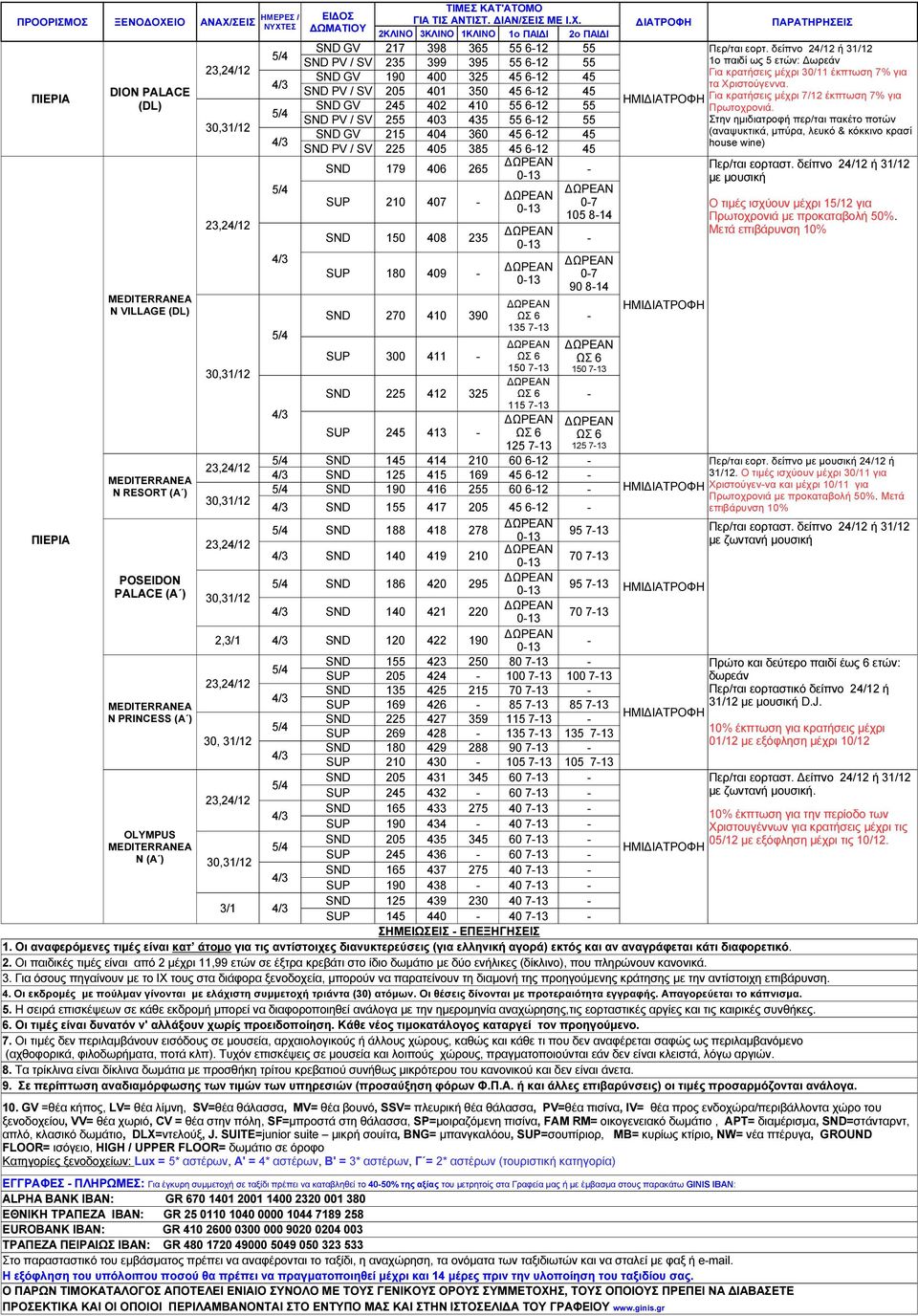 DION PALACE SND PV / 205 401 350 45 612 45 ΠΙΕΡΙΑ Για κρατήσεις µέχρι 7/12 έκπτωση 7% για SND GV 245 402 410 55 612 55 Πρωτοχρονιά.