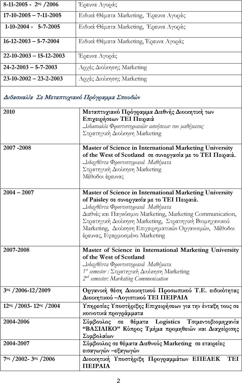 τυχιακό Πρόγραµµα ιεθνής ιοικητική των Ε ιχειρήσεων ΤΕΙ Πειραιά ιδασκαλία Φροντιστηριακών ασκήσεων του µαθήµατος Στρατηγική ιοίκηση Marketing 2007-2008 Master of Science in International Marketing
