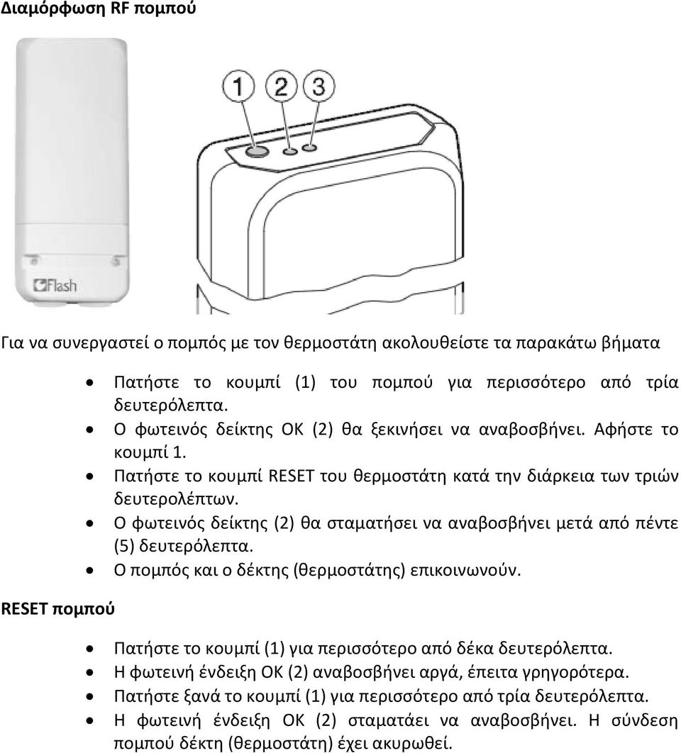 Ο φωτεινός δείκτης (2) θα σταματήσει να αναβοσβήνει μετά από πέντε (5) δευτερόλεπτα. Ο πομπός και ο δέκτης (θερμοστάτης) επικοινωνούν. (1) για περισσότερο από δέκα δευτερόλεπτα.
