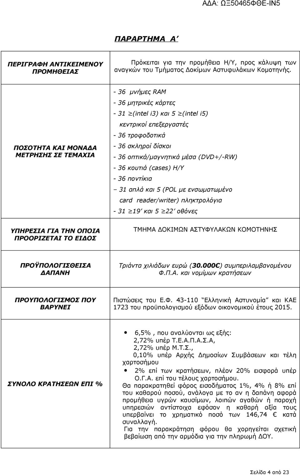 (DVD+/-RW) - 36 κουτιά (cases) Η/Υ - 36 ποντίκια 31 απλά και 5 (POL με ενσωματωμένο card reader/writer) πληκτρολόγια - 31 19 και 5 22 οθόνες ΥΠΗΡΕΣΙΑ ΓΙΑ ΤΗΝ ΟΠΟΙΑ ΠΡΟΟΡΙΖΕΤΑΙ ΤΟ ΕΙΔΟΣ ΤΜΗΜΑ ΔΟΚΙΜΩΝ