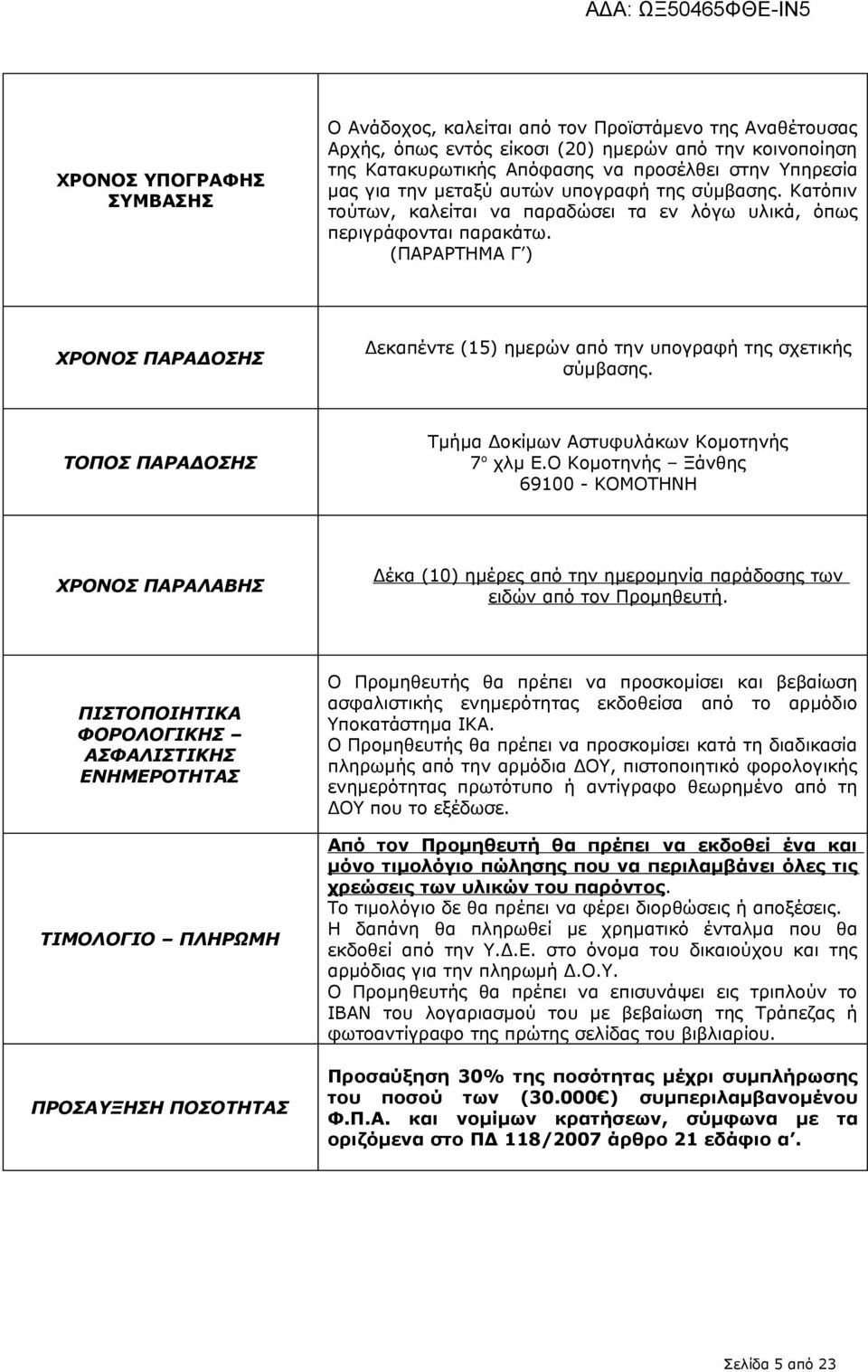 (ΠΑΡΑΡΤΗΜΑ Γ ) ΧΡΟΝΟΣ ΠΑΡΑΔΟΣΗΣ Δεκαπέντε (15) ημερών από την υπογραφή της σχετικής σύμβασης. ΤΟΠΟΣ ΠΑΡΑΔΟΣΗΣ Τμήμα Δοκίμων Αστυφυλάκων Κομοτηνής 7 ο χλμ Ε.