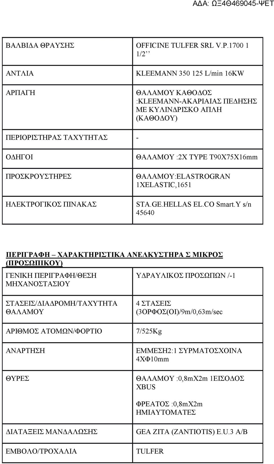 ΗΛΕΚΤΡΟΓΙΚΟΣ ΠΙΝΑΚΑΣ ΘΑΛΑΜΟΥ :2X TYPE T90X75X16mm ΘΑΛΑΜΟΥ:ELASTROGRAN 1XELASTIC,1651 STA.GE.HELLAS EL.CO Smart.