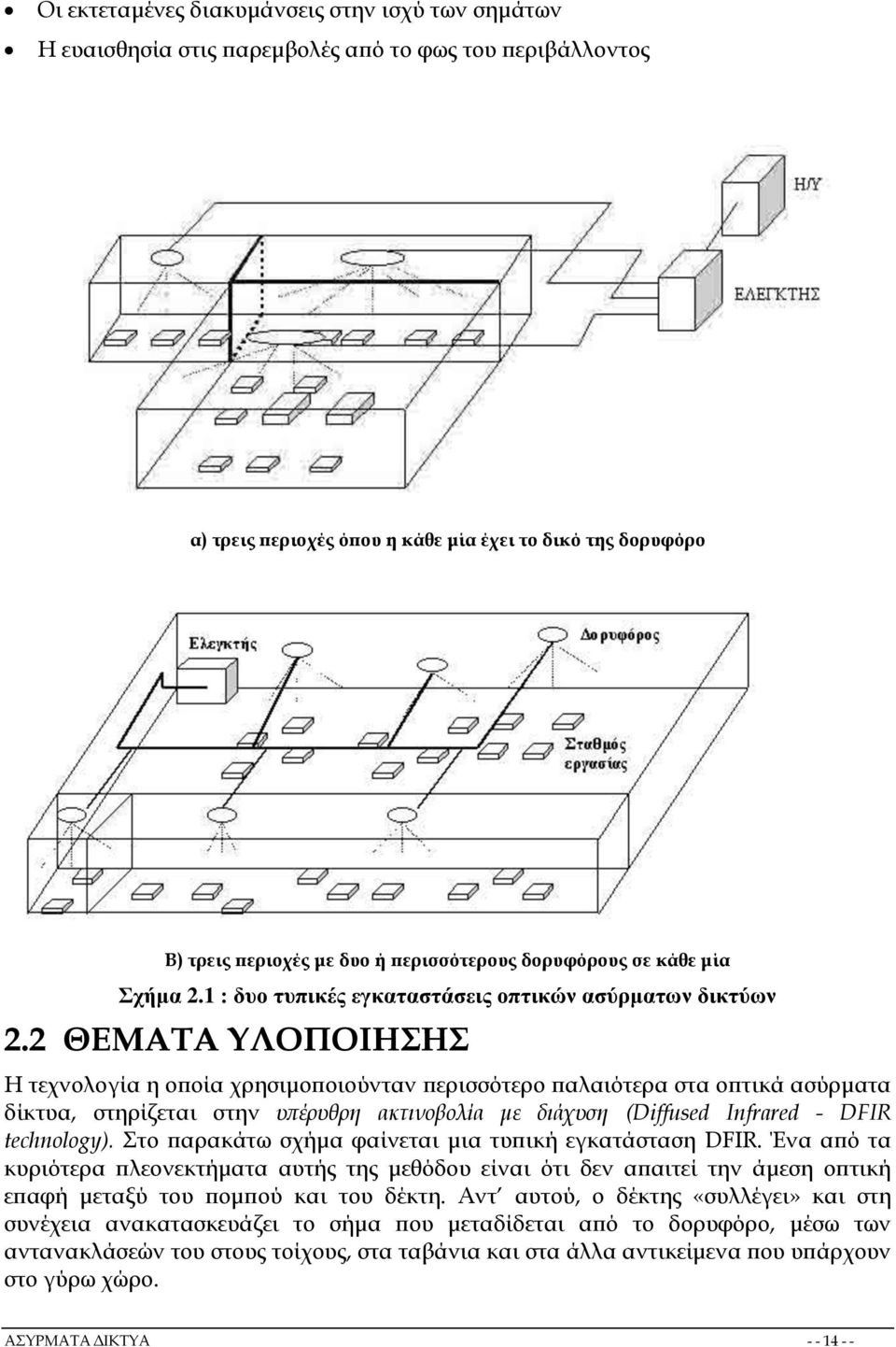 2 ΘΕΜΑΤΑ ΥΛΟΠΟΙΗΣΗΣ Η τεχνολογία η οποία χρησιμοποιούνταν περισσότερο παλαιότερα στα οπτικά ασύρματα δίκτυα, στηρίζεται στην υπέρυθρη ακτινοβολία με διάχυση (Diffused Infrared - DFIR technology).