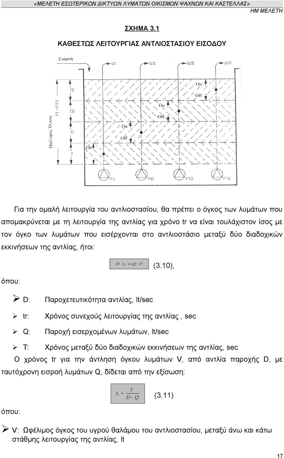 τουλάχιστον ίσος με τον όγκο των λυμάτων που εισέρχονται στο αντλιοστάσιο μεταξύ δύο διαδοχικών εκκινήσεων της αντλίας, ήτοι: D t r = Q T (3.
