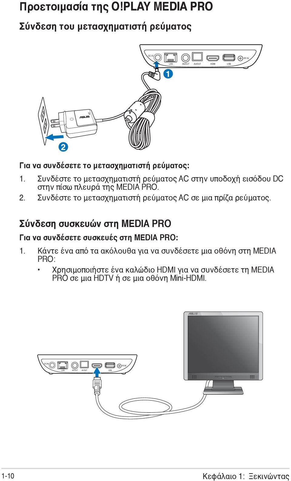 Συνδέστε το μετασχηματιστή ρεύματος AC σε μια πρίζα ρεύματος. Σύνδεση συσκευών στη MEDIA PRO Για να συνδέσετε συσκευές στη MEDIA PRO: 1.