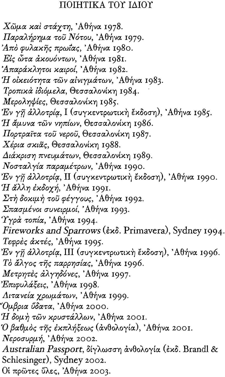 Ή αμυνα των νηπίων, Θεσσαλονίκη 1986. ΠορτραΊτα του νερου, Θεσσαλονίκη 1987. Χέρια σκιας, Θεσσαλονίκη 1988. Διάκριση πνευμάτων, Θεσσαλονίκη 1989. ΝοσταλΥία παραμέτρων, Άθήνα 1990.