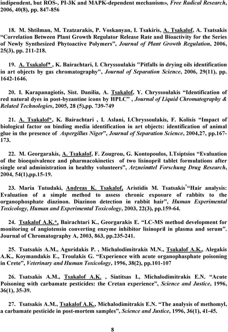 211-218. 19. A. Tsakalof*, K. Bairachtari, I. Chryssoulakis "Pitfalls in drying oils identification in art objects by gas chromatography", Journal of Separation Science, 2006, 29(11), pp. 1642-1646.