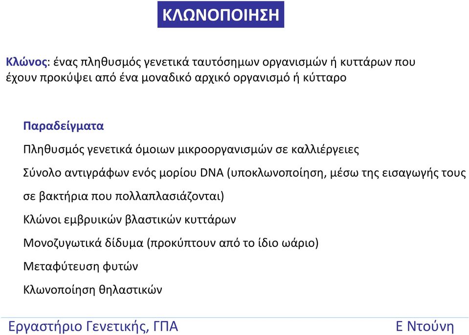 Σύνολο αντιγράφων ενός μορίου DNA (υποκλωνοποίηση, μέσω της εισαγωγής τους σε βακτήρια που πολλαπλασιάζονται)