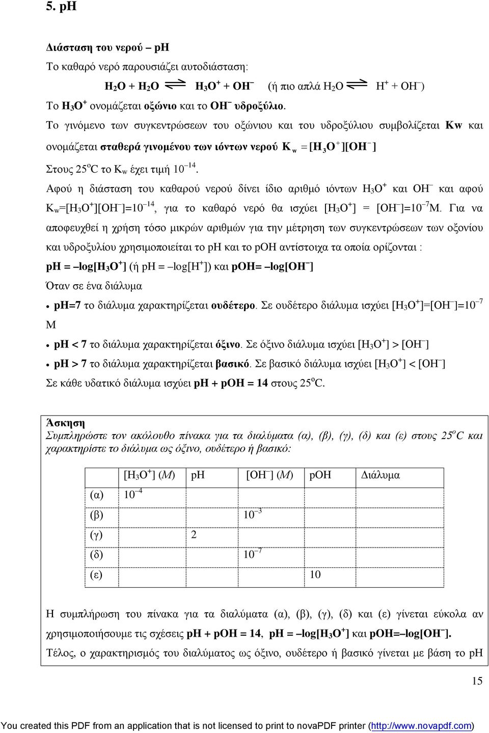 Αφού η διάσταση του καθαρού νερού δίνει ίδιο αριθμό ιόντων Η 3 Ο + και ΟΗ και αφού Κ w =[Η 3 Ο + ][ΟΗ ]=10 14, για το καθαρό νερό θα ισχύει [Η 3 Ο + ] = [ΟΗ ]=10 7 Μ.