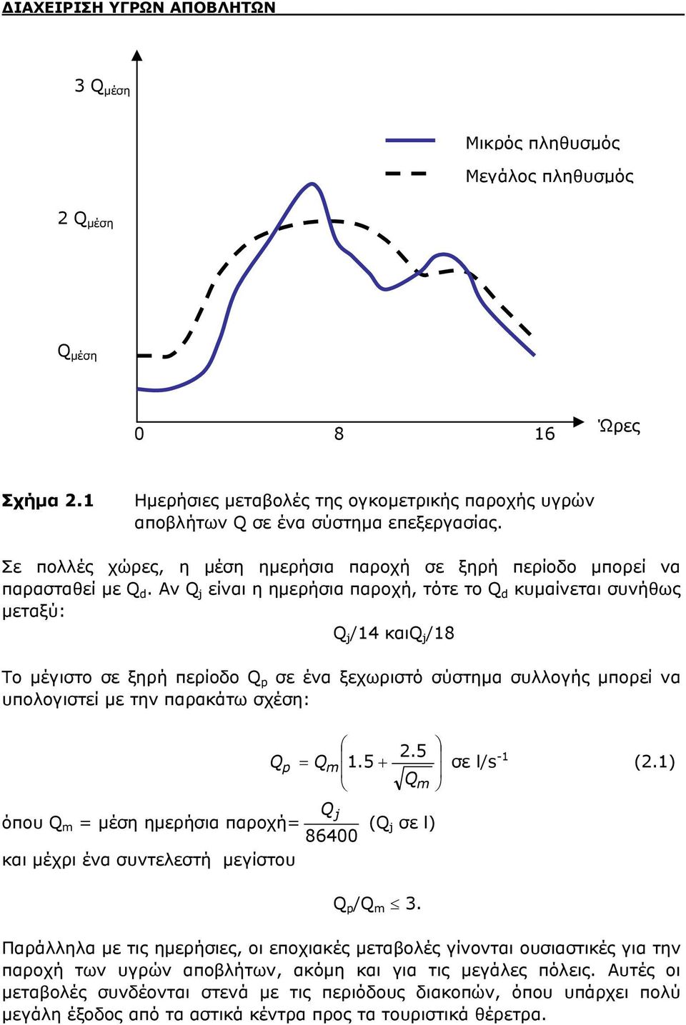 Αν Q j είναι η ημερήσια παροχή, τότε το Q d κυμαίνεται συνήθως μεταξύ: Q j /14 καιq j /18 Το μέγιστο σε ξηρή περίοδο Q p σε ένα ξεχωριστό σύστημα συλλογής μπορεί να υπολογιστεί με την παρακάτω σχέση: