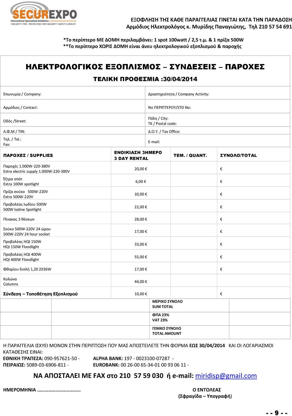 άνει: 1 spot 100watt / 2,5 τ.μ.