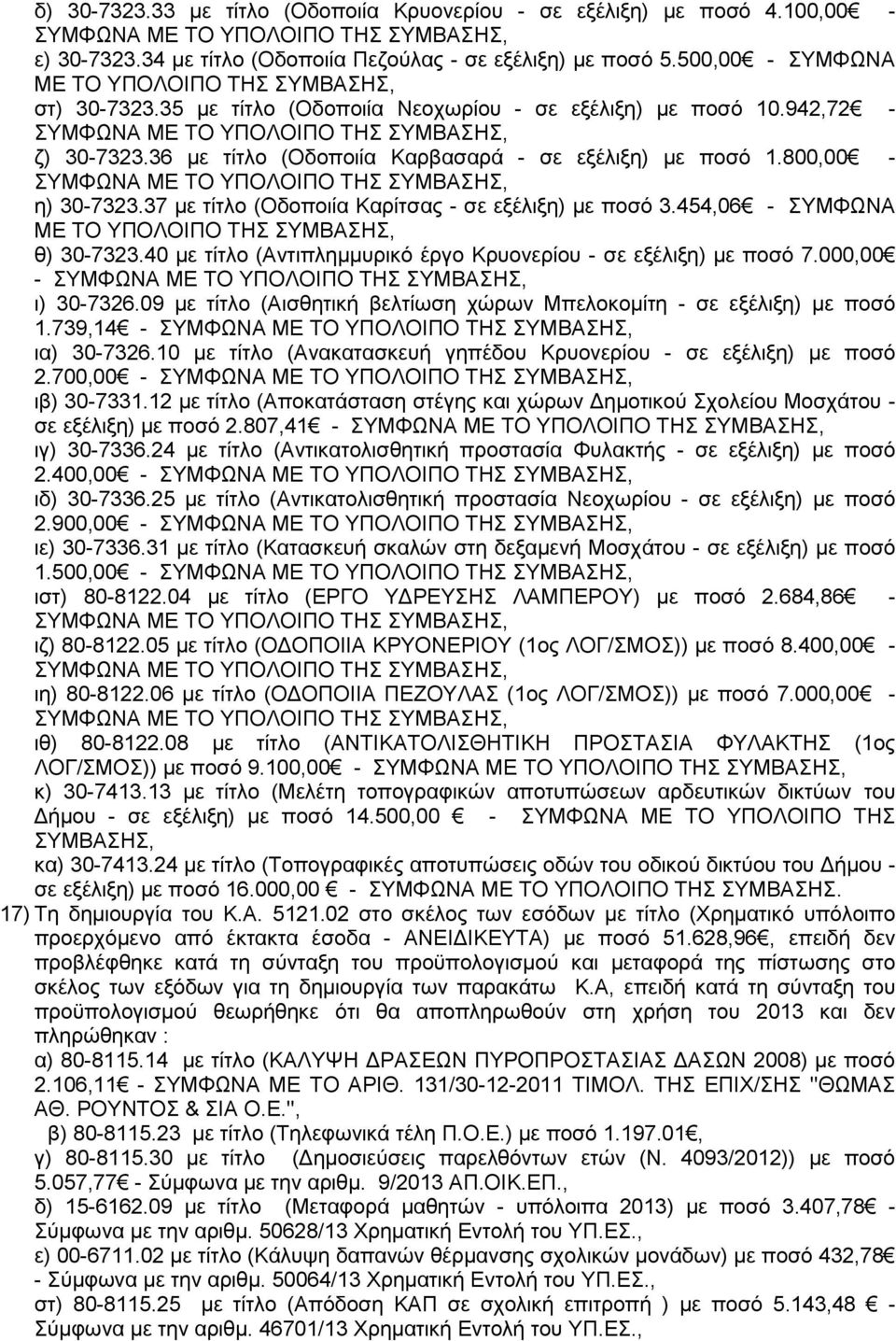 36 με τίτλο (Οδοποιία Καρβασαρά - σε εξέλιξη) με ποσό 1.800,00 - ΣΥΜΦΩΝΑ ΜΕ ΤΟ ΥΠΟΛΟΙΠΟ ΤΗΣ ΣΥΜΒΑΣΗΣ, η) 30-7323.37 με τίτλο (Οδοποιία Καρίτσας - σε εξέλιξη) με ποσό 3.