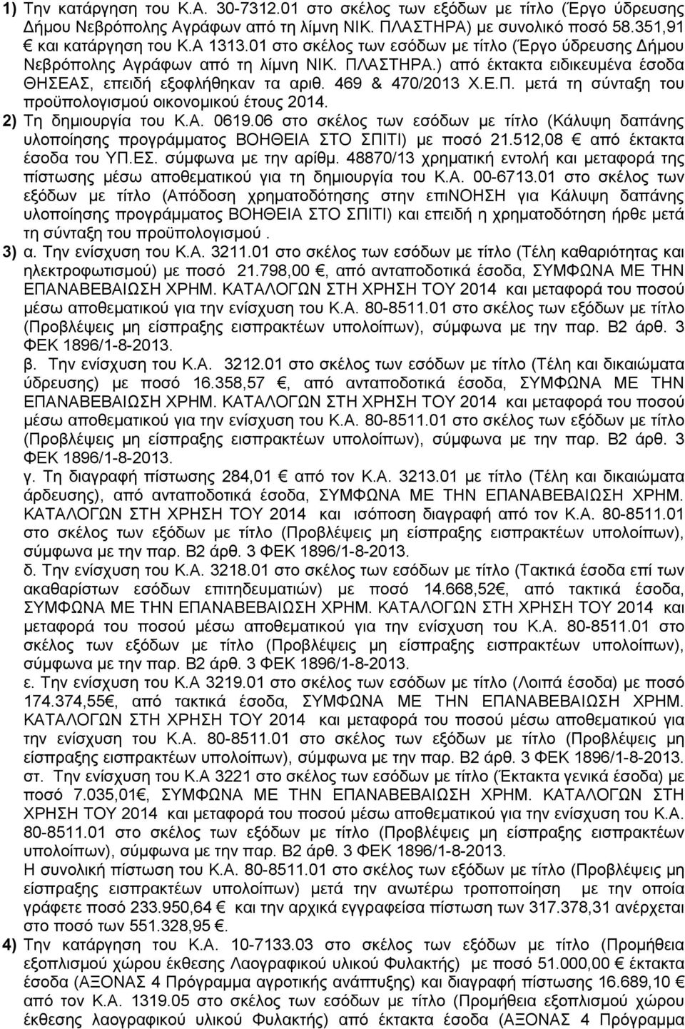 2) Τη δημιουργία του Κ.Α. 0619.06 στο σκέλος των εσόδων με τίτλο (Κάλυψη δαπάνης υλοποίησης προγράμματος ΒΟΗΘΕΙΑ ΣΤΟ ΣΠΙΤΙ) με ποσό 21.512,08 από έκτακτα έσοδα του ΥΠ.ΕΣ. σύμφωνα με την αρίθμ.