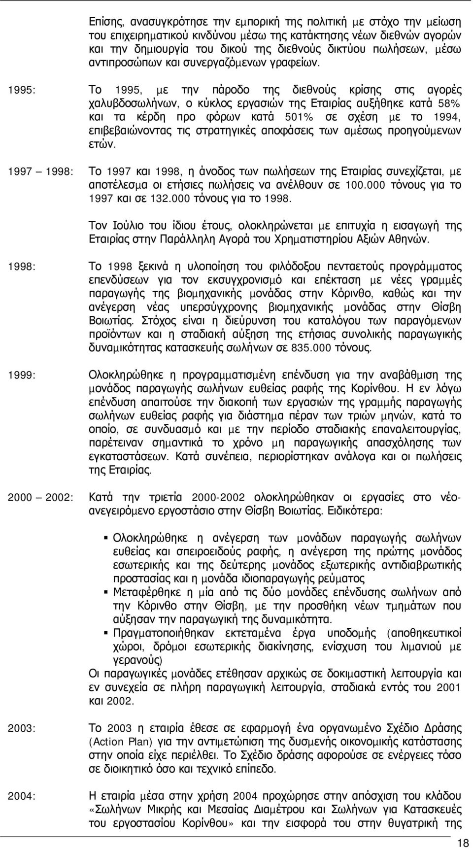 1995: Το 1995, µε την πάροδο της διεθνούς κρίσης στις αγορές χαλυβδοσωλήνων, ο κύκλος εργασιών της Εταιρίας αυξήθηκε κατά 58% και τα κέρδη προ φόρων κατά 501% σε σχέση µε το 1994, επιβεβαιώνοντας τις