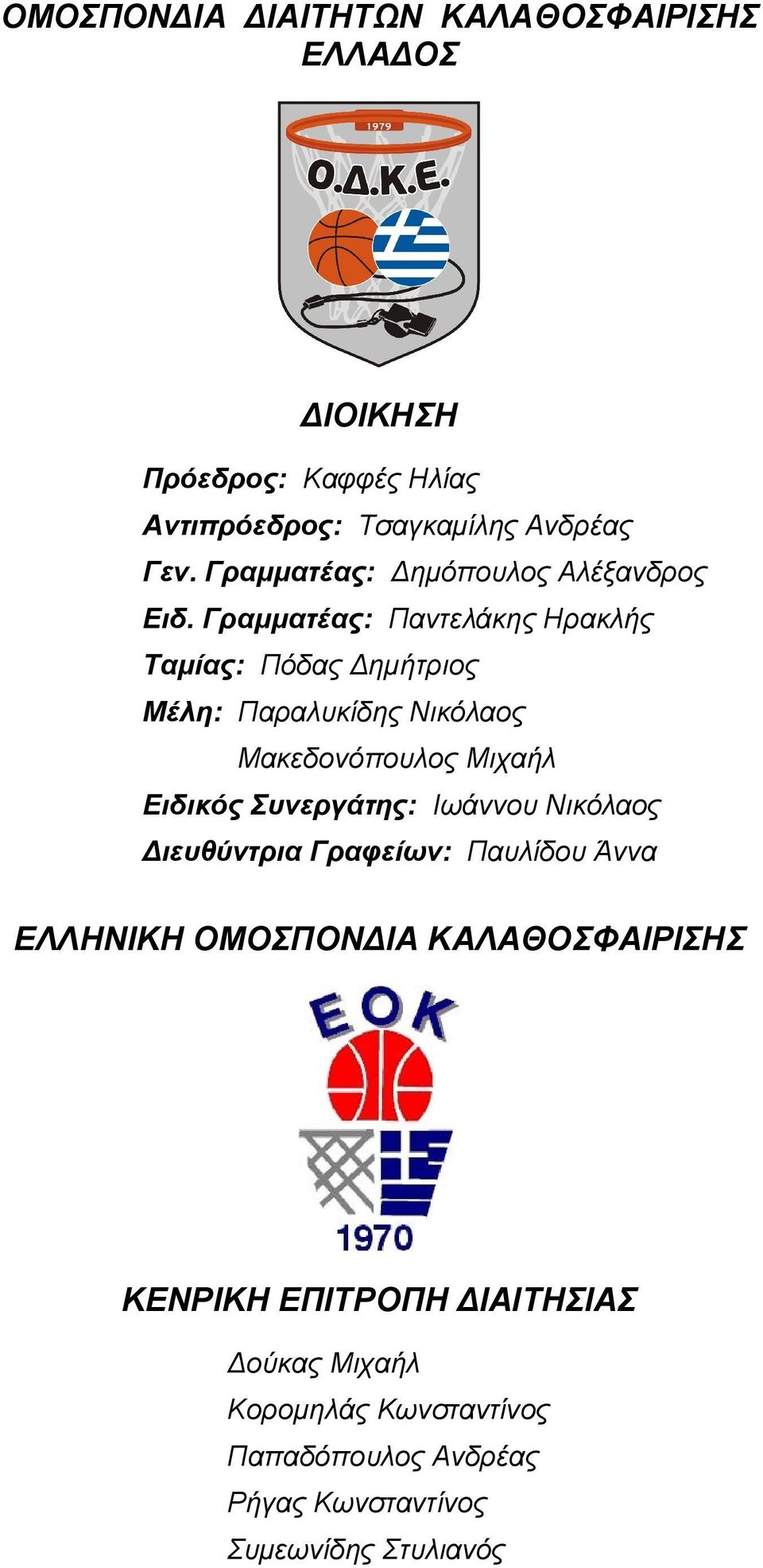 Γραμματέας: Παντελάκης Ηρακλής Ταμίας: Πόδας Δημήτριος Μέλη: Παραλυκίδης Νικόλαος Μακεδονόπουλος Μιχαήλ Ειδικός Συνεργάτης:
