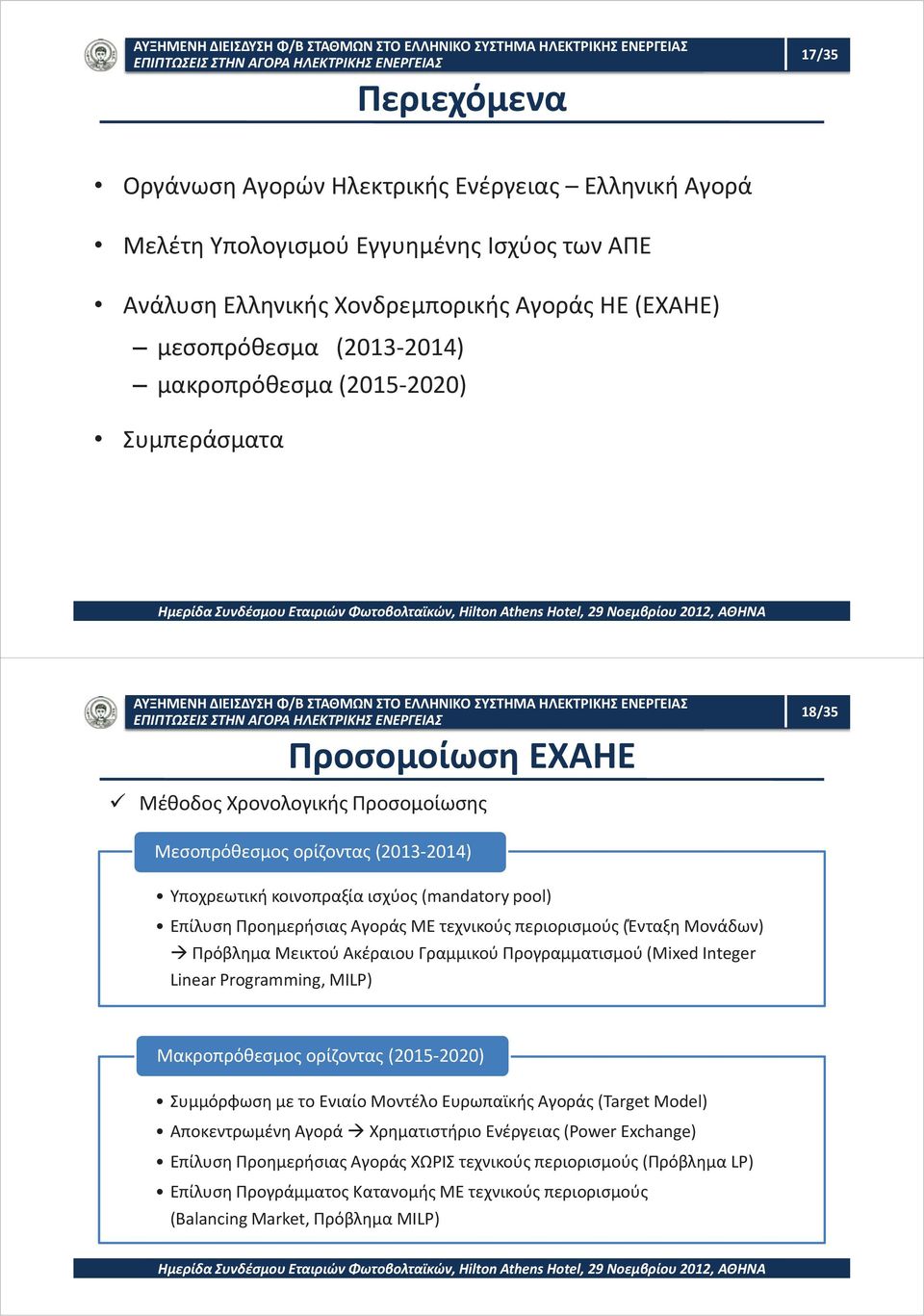 Προημερήσιας Αγοράς ΜΕ τεχνικούς περιορισμούς (Ένταξη Μονάδων) Πρόβλημα Μεικτού Ακέραιου Γραμμικού Προγραμματισμού (Mixed Integer Linear Programming, MILP) Μακροπρόθεσμος ορίζοντας (2015-2020)