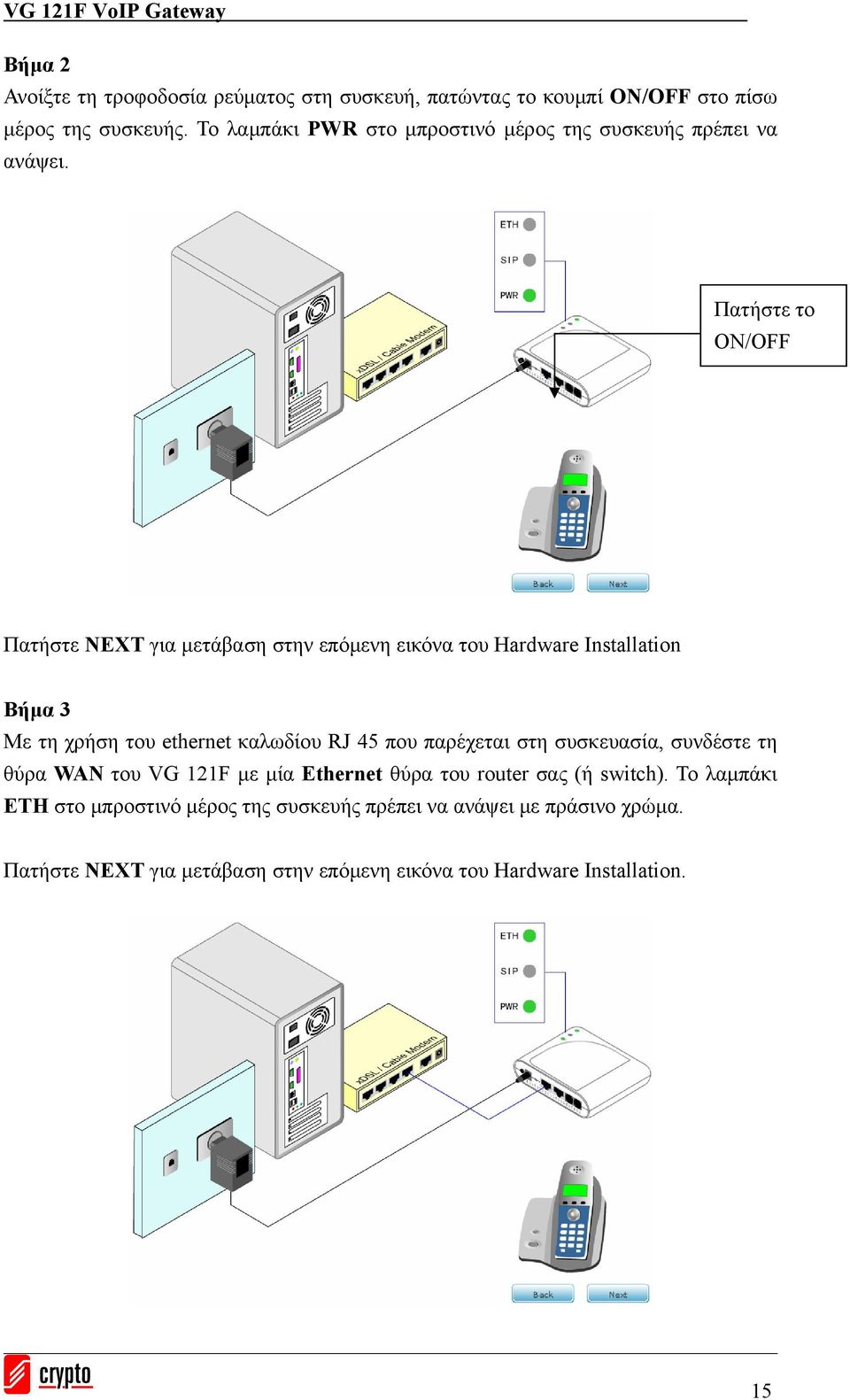 Πατήστε το ON/OFF Πατήστε NEXT για μετάβαση στην επόμενη εικόνα του Hardware Installation Βήμα 3 Με τη χρήση του ethernet καλωδίου RJ 45 που