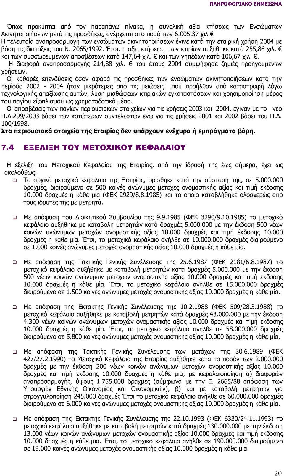 και των συσσωρευµένων αποσβέσεων κατά 147,64 χιλ. και των γηπέδων κατά 106,67 χιλ.. Η διαφορά αναπροσαρµογής 214,88 χιλ. του έτους 2004 συµψήφησε ζηµιές προηγουµένων χρήσεων.