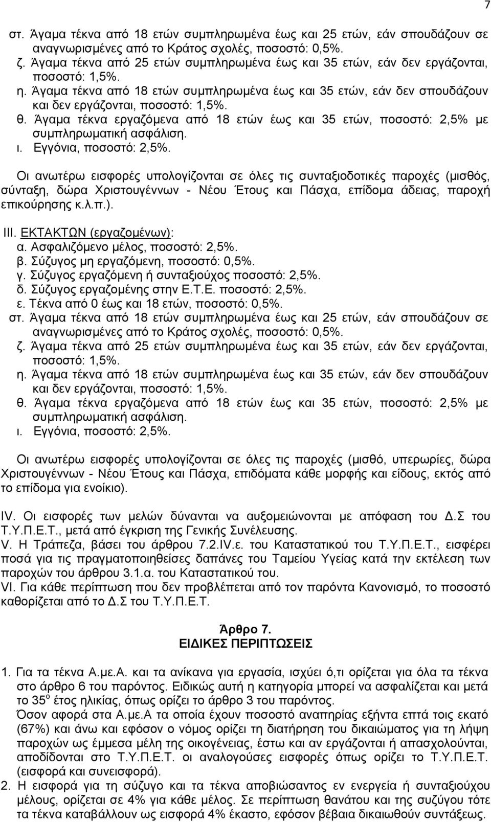 θ. Άγαμα τέκνα εργαζόμενα από 18 ετών έως και 35 ετών, ποσοστό: 2,5% με συμπληρωματική ασφάλιση. ι. Εγγόνια, ποσοστό: 2,5%.