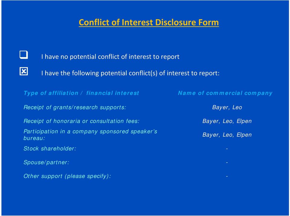 Receipt of honoraria or consultation fees: Participation in a company sponsored speaker s bureau: Name of commercial