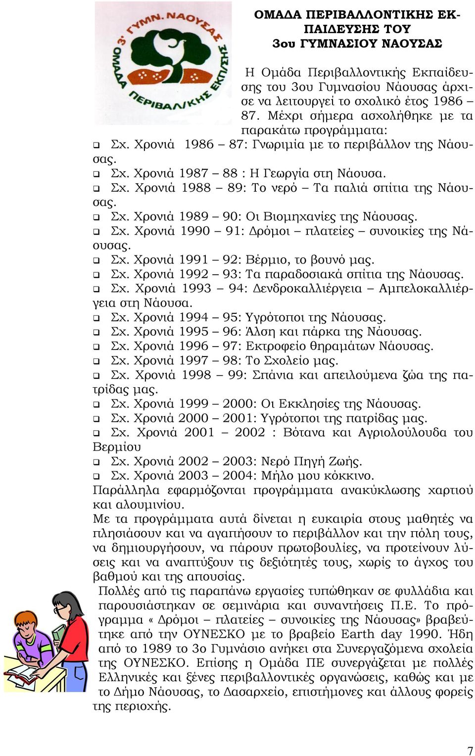 Σχ. Χρονιά 1989 90: Οι Βιομηχανίες της Νάουσας. Σχ. Χρονιά 1990 91: Δρόμοι πλατείες συνοικίες της Νάουσας. Σχ. Χρονιά 1991 92: Βέρμιο, το βουνό μας. Σχ. Χρονιά 1992 93: Τα παραδοσιακά σπίτια της Νάουσας.