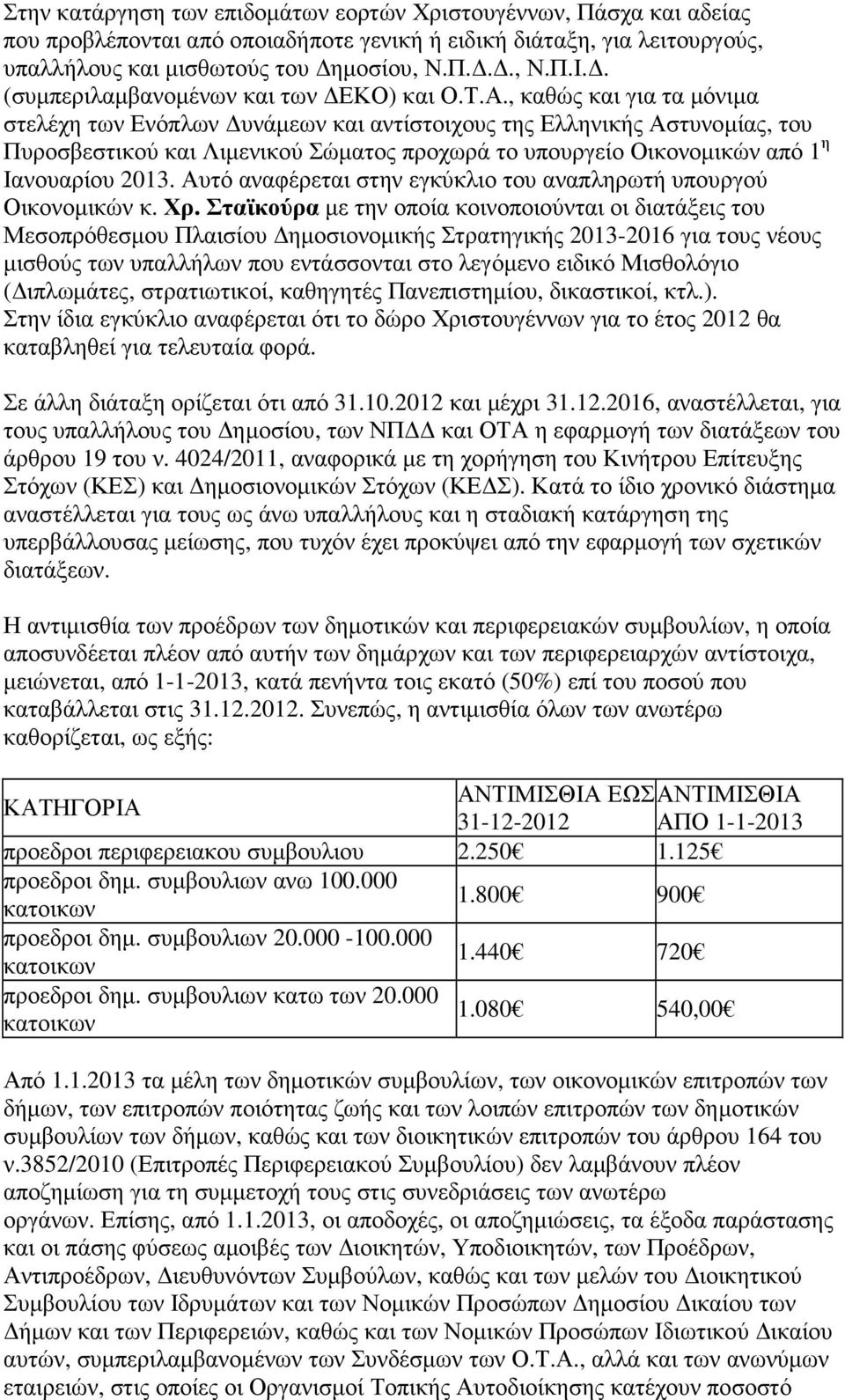 , καθώς και για τα µόνιµα στελέχη των Ενόπλων υνάµεων και αντίστοιχους της Ελληνικής Αστυνοµίας, του Πυροσβεστικού και Λιµενικού Σώµατος προχωρά το υπουργείο Οικονοµικών από 1 η Ιανουαρίου 2013.