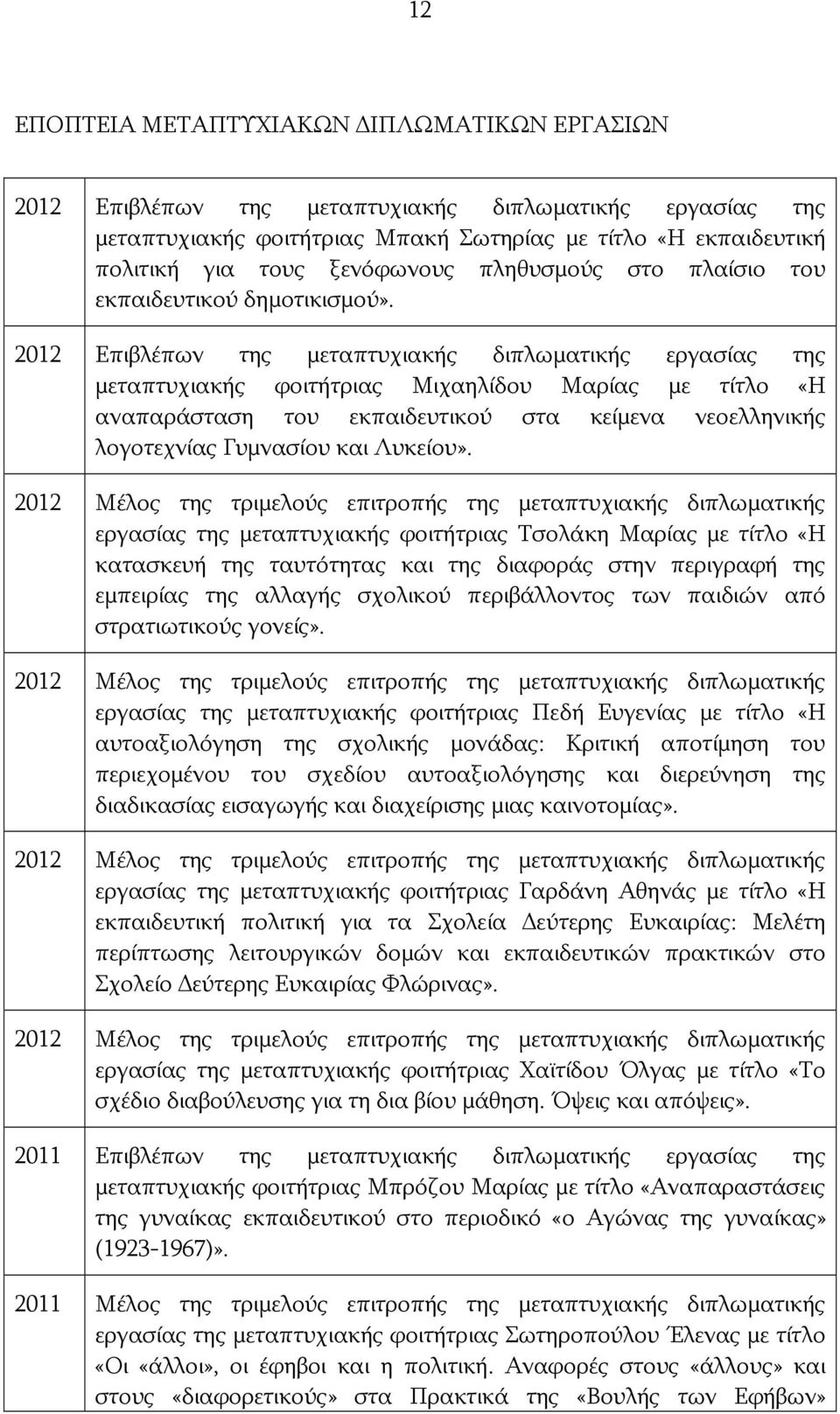 2012 Επιβλέπων της μεταπτυχιακής διπλωματικής εργασίας της μεταπτυχιακής φοιτήτριας Μιχαηλίδου Μαρίας με τίτλο «Η αναπαράσταση του εκπαιδευτικού στα κείμενα νεοελληνικής λογοτεχνίας Γυμνασίου και