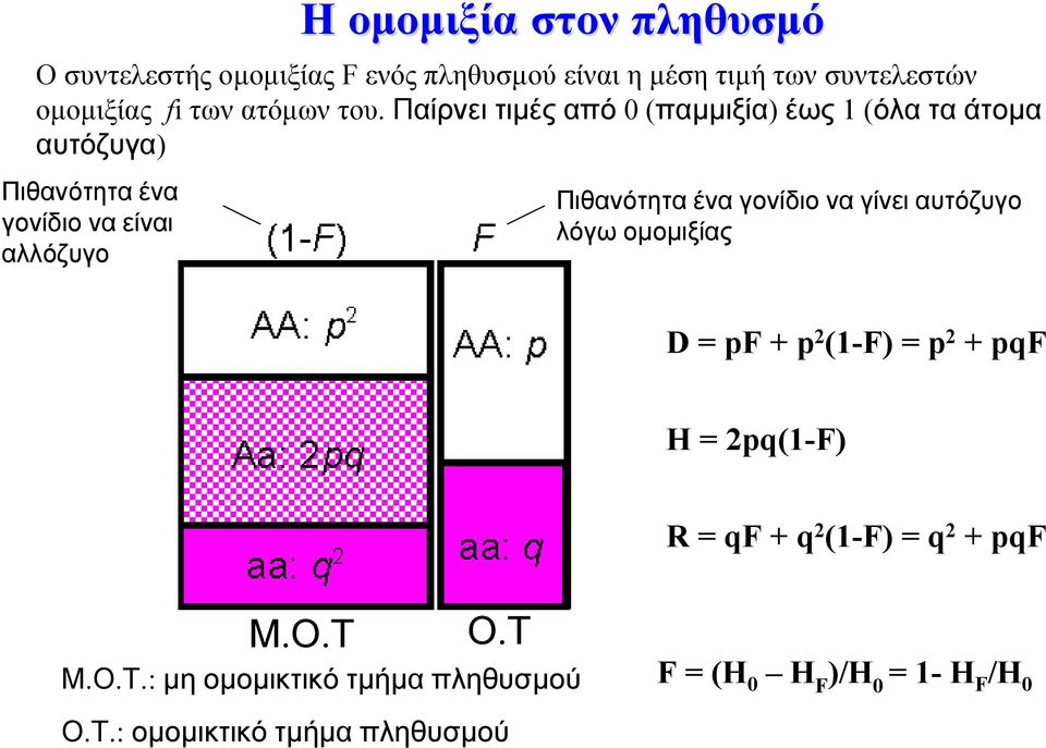 Παίρνει τιµές από 0 (παµµιξία) έως 1 (όλα τα άτοµα αυτόζυγα) Πιθανότητα ένα γονίδιο να είναι αλλόζυγο Πιθανότητα ένα