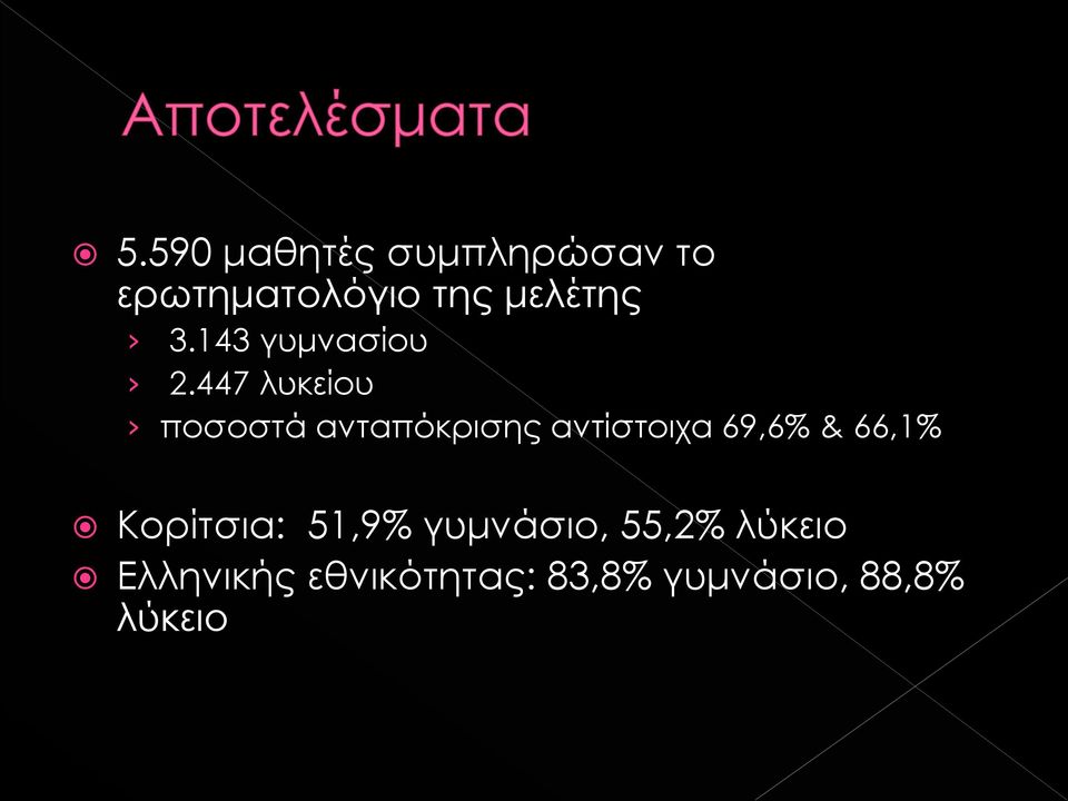 447 λυκείου ποσοστά ανταπόκρισης αντίστοιχα 69,6% &