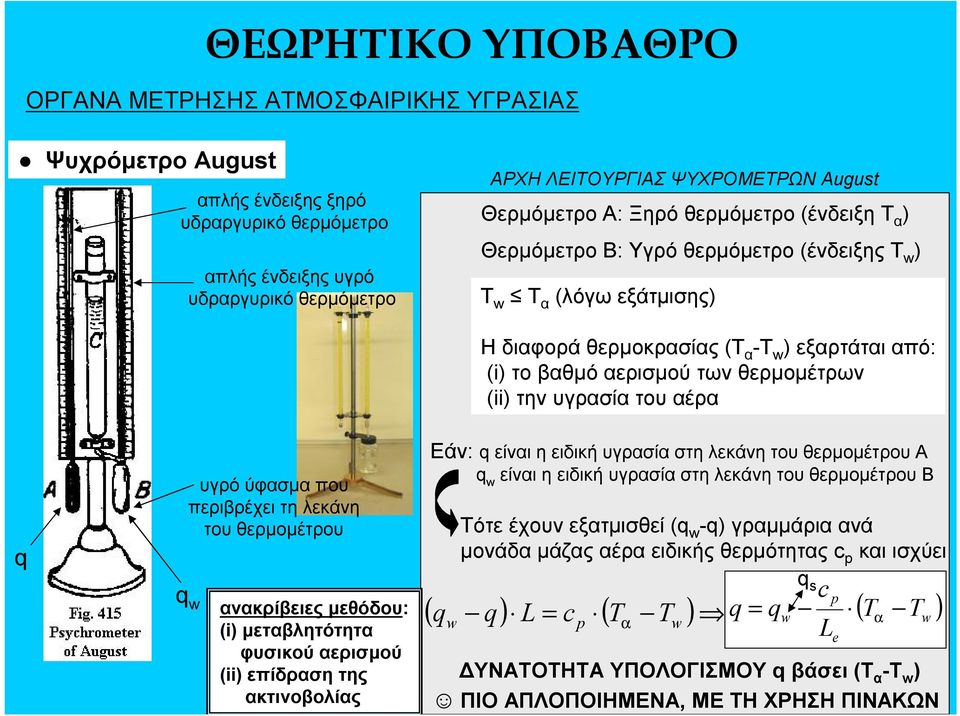 θερμομέτρων (ii) την υγρασία του αέρα q υγρό ύφασμα που περιβρέχει τη λεκάνη του θερμομέτρου q w ανακρίβειες μεθόδου: (i) μεταβλητότητα φυσικού αερισμού (ii) επίδραση της ακτινοβολίας Εάν: q είναι η