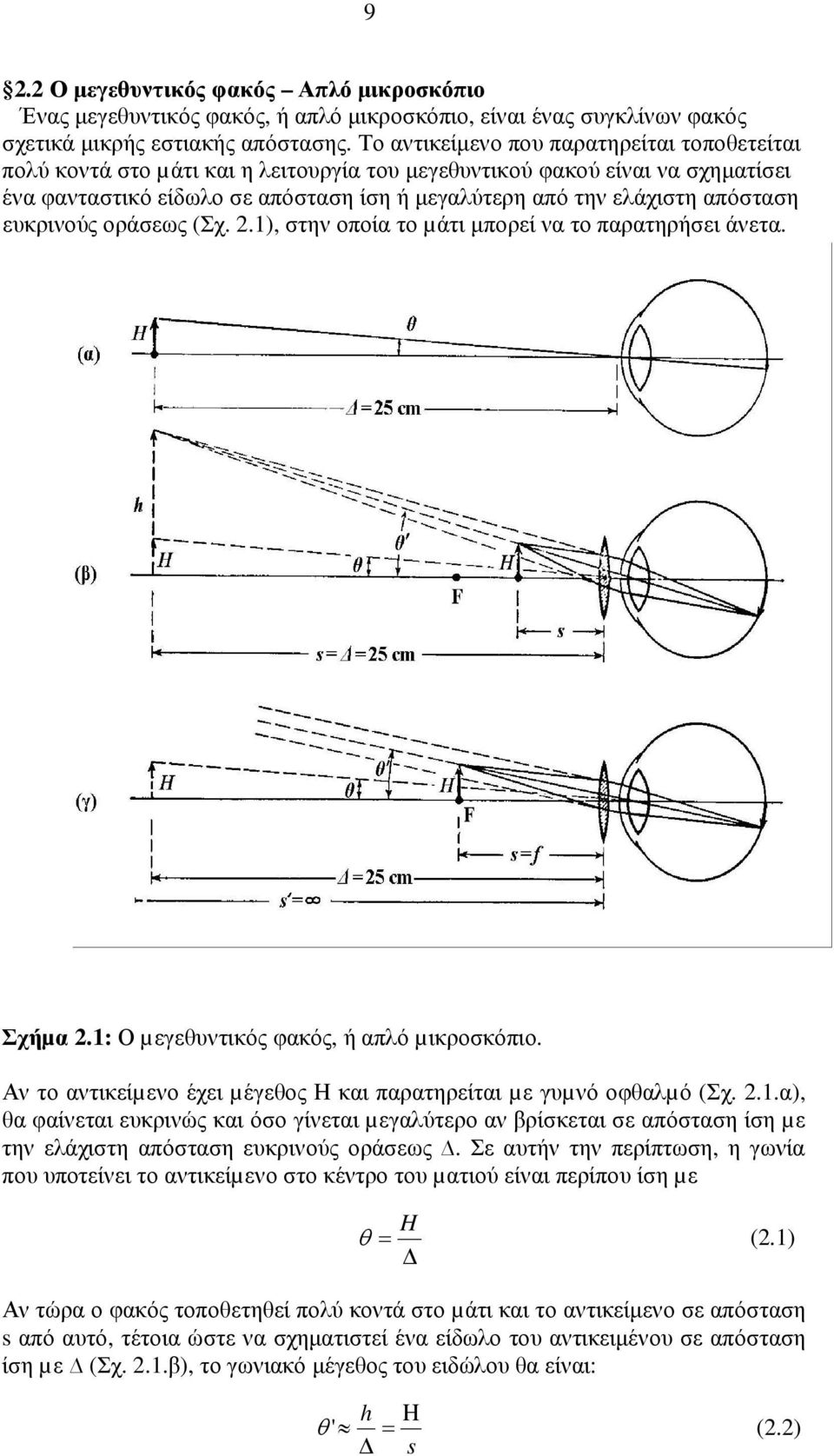 απόσταση ευκρινούς οράσεως (Σχ. 2.1), στην οποία το µάτι µπορεί να το παρατηρήσει άνετα. Σχήµα 2.1: Ο µεγεθυντικός φακός, ή απλό µικροσκόπιο.