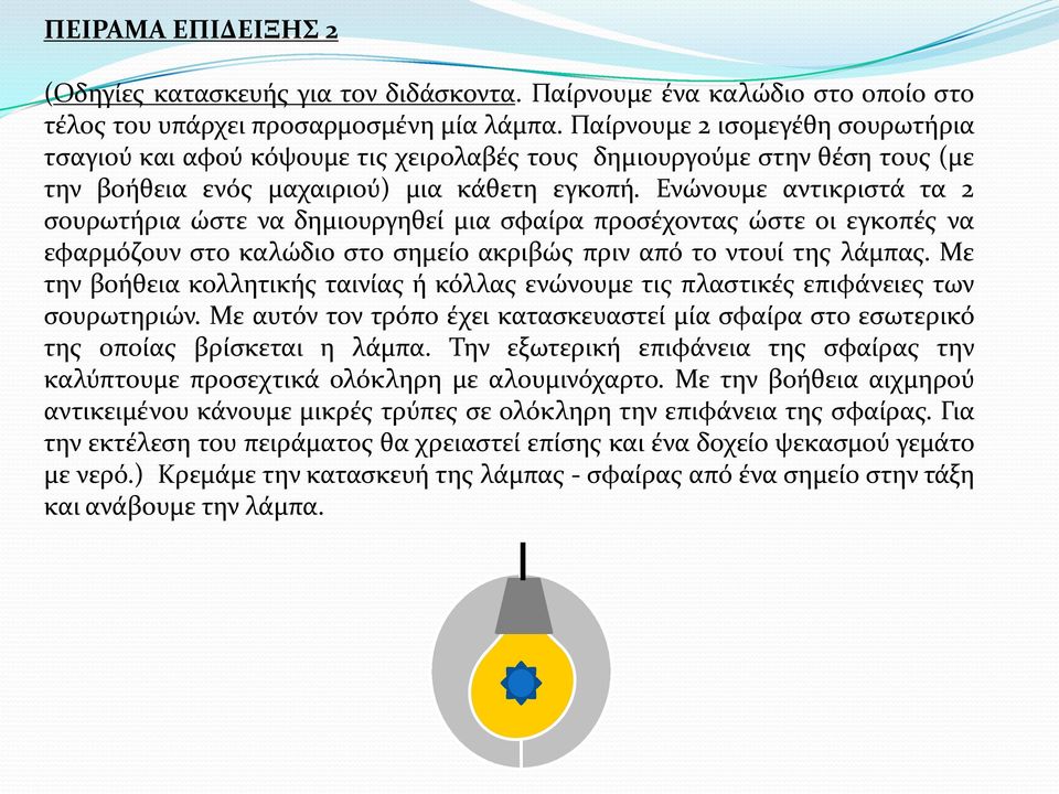 Ενώνουμε αντικριστά τα 2 σουρωτήρια ώστε να δημιουργηθεί μια σφαίρα προσέχοντας ώστε οι εγκοπές να εφαρμόζουν στο καλώδιο στο σημείο ακριβώς πριν από το ντουί της λάμπας.