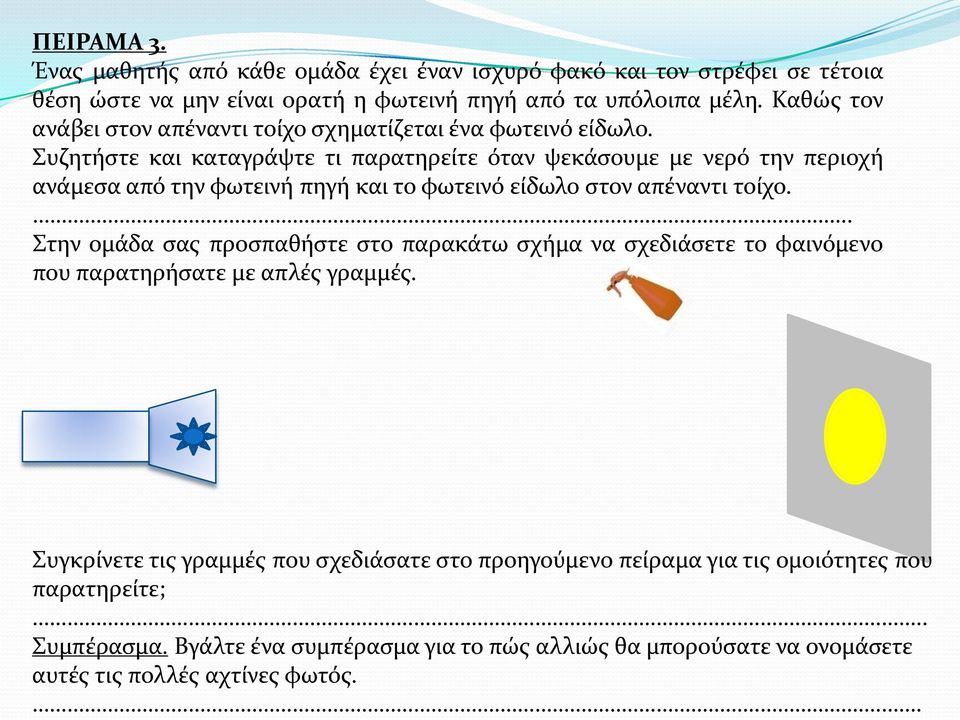 Συζητήστε και καταγράψτε τι παρατηρείτε όταν ψεκάσουμε με νερό την περιοχή ανάμεσα από την φωτεινή πηγή και το φωτεινό είδωλο στον απέναντι τοίχο.