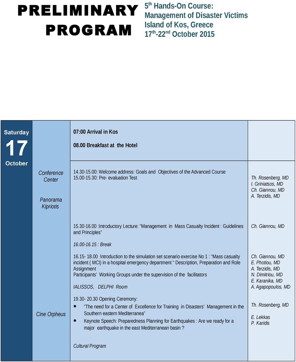 00 :Introductory Lecture: Management in Mass Casualty Incident : Guidelines and Principles 16.00-16.15 : Break 16.15-18.