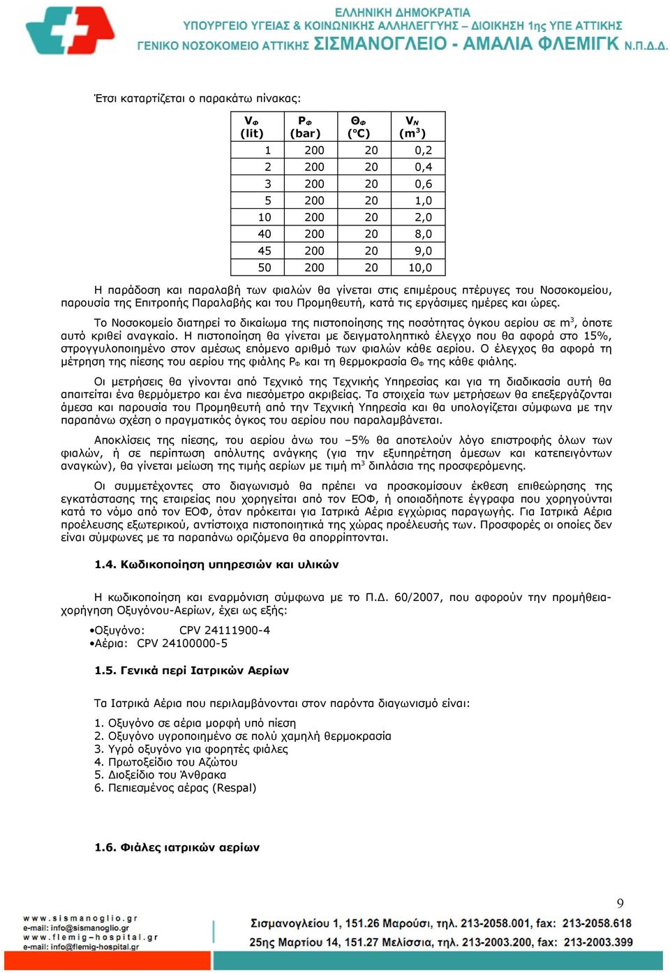 Το Νοσοκομείο διατηρεί το δικαίωμα της πιστοποίησης της ποσότητας όγκου αερίου σε m 3, όποτε αυτό κριθεί αναγκαίο.