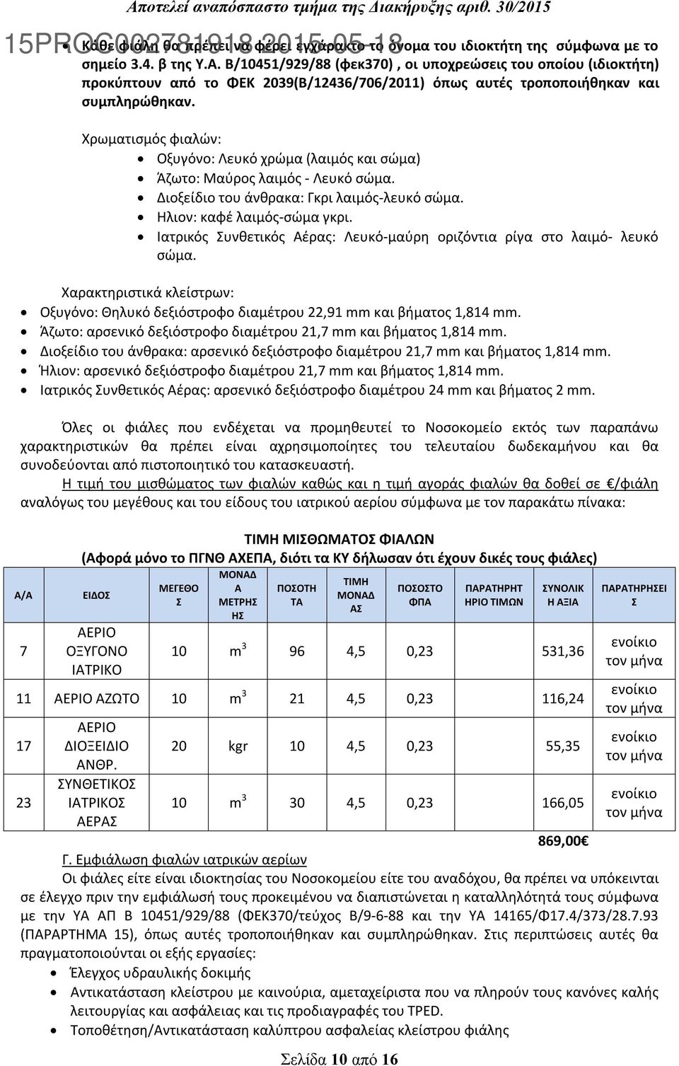 Χρωματισμός φιαλών: Οξυγόνο: Λευκό χρώμα (λαιμός και σώμα) Άζωτο: Μαύρος λαιμός - Λευκό σώμα. Διοξείδιο του άνθρακα: Γκρι λαιμός-λευκό σώμα. Ηλιον: καφέ λαιμός-σώμα γκρι.