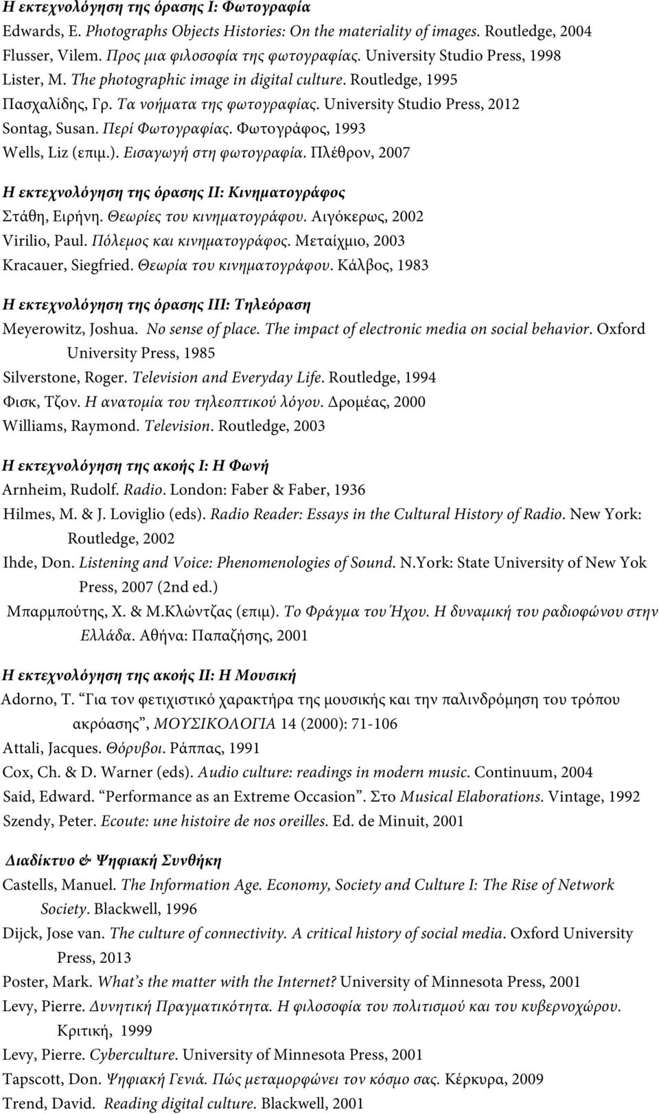 Περί Φωτογραφίας. Φωτογράφος, 1993 Wells, Liz (επιμ.). Εισαγωγή στη φωτογραφία. Πλέθρον, 2007 Η εκτεχνολόγηση της όρασης ΙΙ: Κινηματογράφος Στάθη, Ειρήνη. Θεωρίες του κινηματογράφου.
