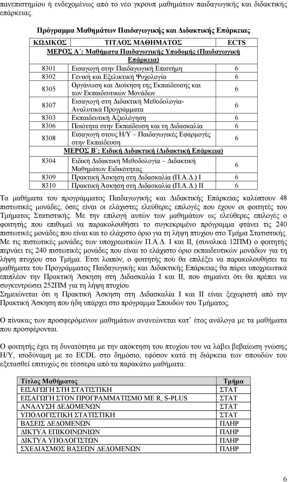 Γενική και Εξελικτική Ψυχολογία 6 8305 Οργάνωση και Διοίκηση της Εκπαίδευσης και των Εκπαιδευτικών Μονάδων 6 8307 Εισαγωγή στη Διδακτική Μεθοδολογία- Αναλυτικά Προγράμματα 6 8303 Εκπαιδευτική