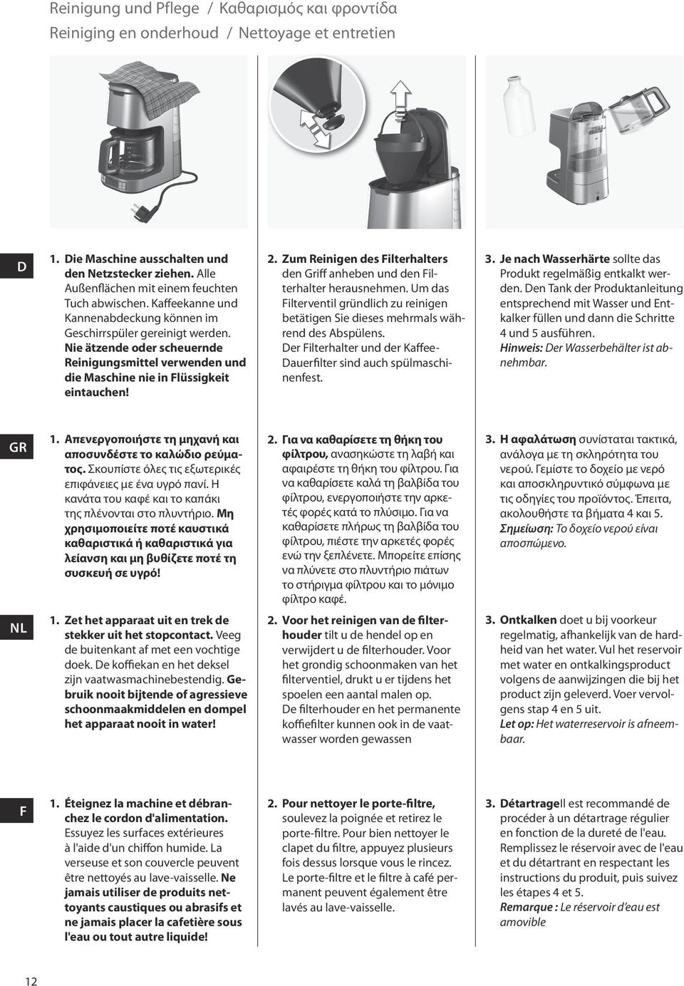 Nie ätzende oder scheuernde Reinigungsmittel verwenden und die Maschine nie in lüssigkeit eintauchen! 2. Zum Reinigen des ilterhalters den Griff anheben und den ilterhalter herausnehmen.