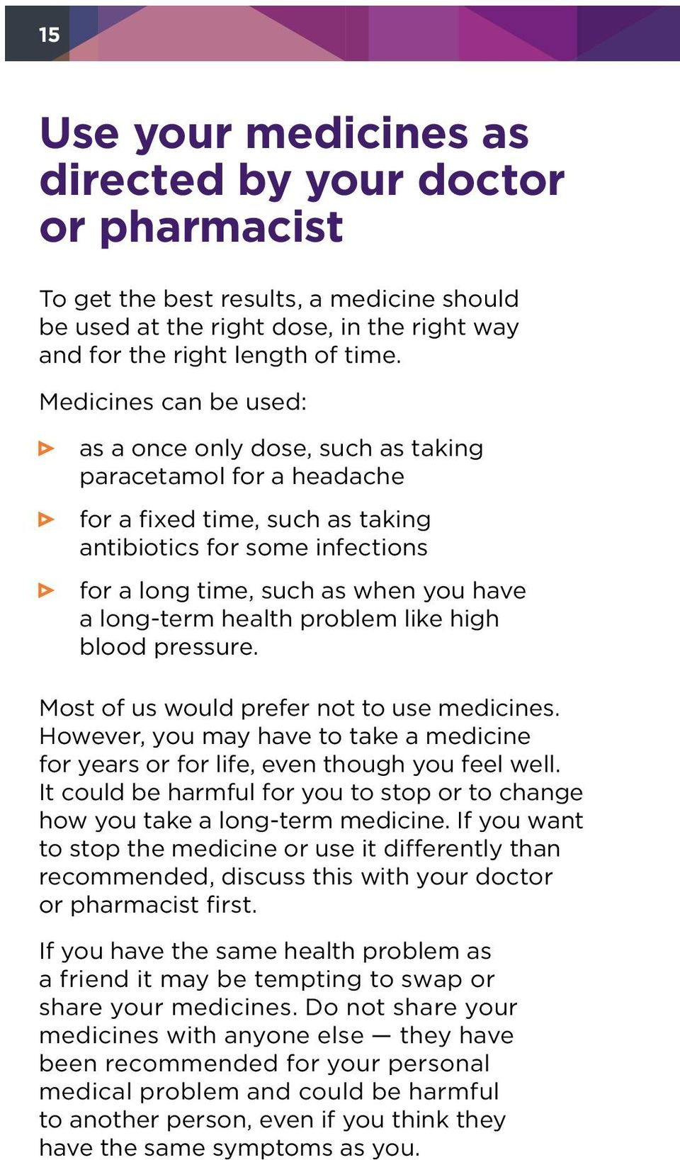 long-term health problem like high blood pressure. Most of us would prefer not to use medicines. However, you may have to take a medicine for years or for life, even though you feel well.