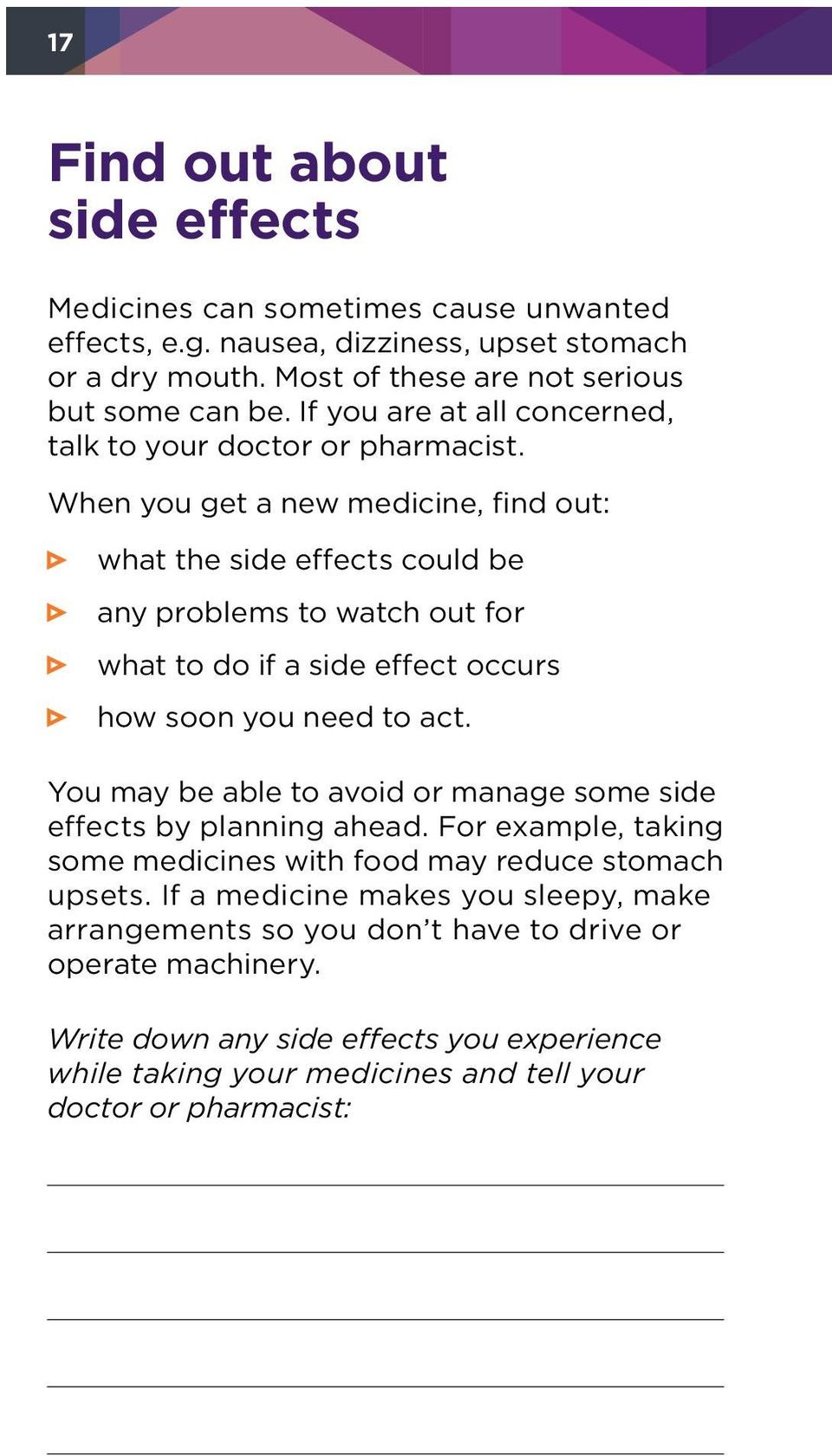 When you get a new medicine, find out: what the side effects could be any problems to watch out for what to do if a side effect occurs how soon you need to act.
