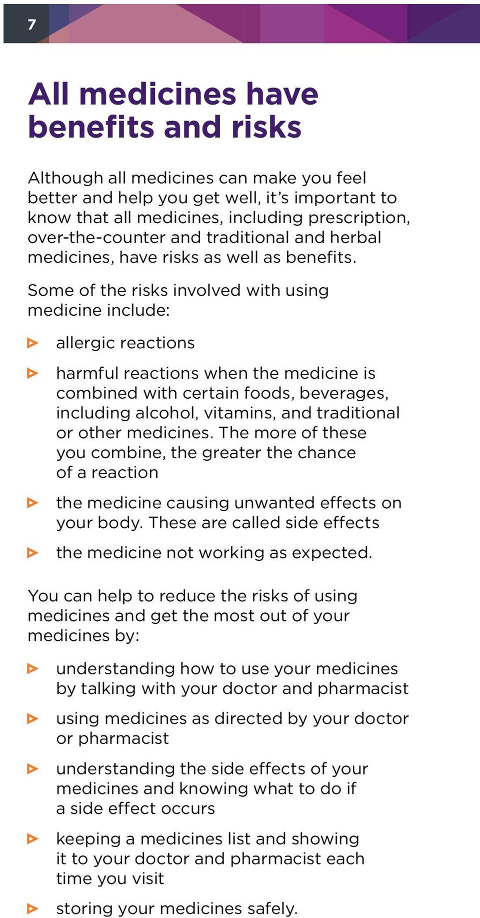 Some of the risks involved with using medicine include: allergic reactions harmful reactions when the medicine is combined with certain foods, beverages, including alcohol, vitamins, and traditional