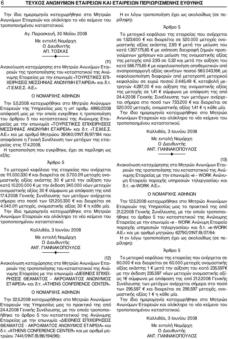 4995/2008 απόφασή μας με την οποία εγκρίθηκε η τροποποίηση του άρθρου 5 του καταστατικού της Ανώνυμης Ετ