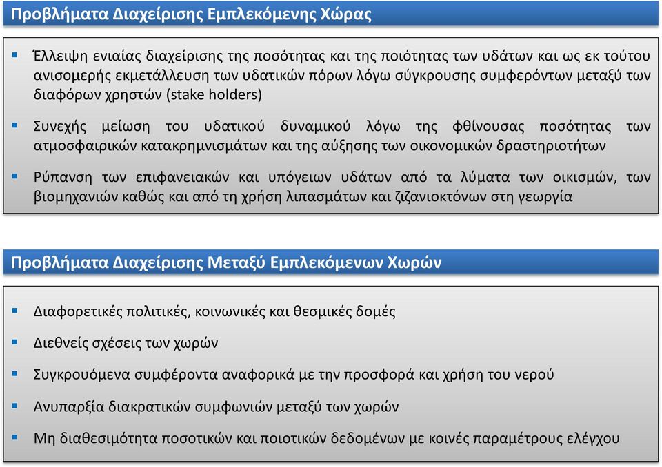 δραστηριοτήτων Ρύπανση των επιφανειακών και υπόγειων υδάτων από τα λύματα των οικισμών, των βιομηχανιών καθώς και από τη χρήση λιπασμάτων και ζιζανιοκτόνων στη γεωργία Προβλήματα Διαχείρισης Μεταξύ