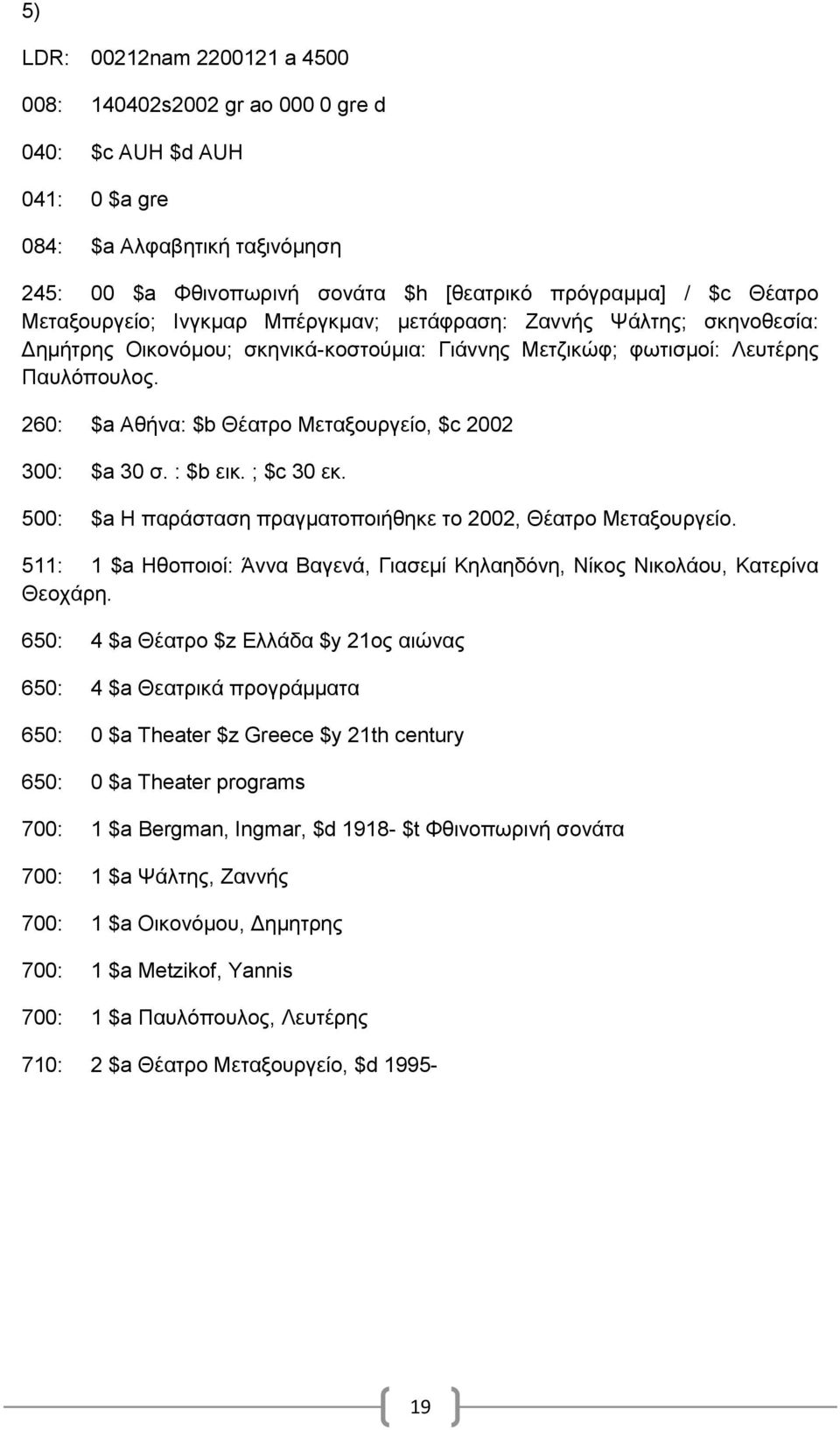 500: $a Η παράσταση πραγματοποιήθηκε το 2002, Θέατρο Μεταξουργείο. 511: 1 $a Ηθοποιοί: Άννα Βαγενά, Γιασεμί Κηλαηδόνη, Νίκος Νικολάου, Κατερίνα Θεοχάρη.