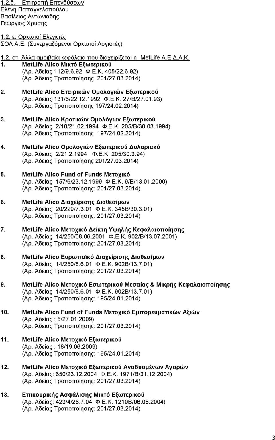 MetLife Alico Εταιρικών Ομολογιών Εξωτερικού (Αρ. Αδείας 131/6/22.12.1992 Φ.Ε.Κ. 27/Β/27.01.93) (Αρ. Άδειας Τροποποίησης 197/24.02.2014) 3. MetLife Alico Κρατικών Ομολόγων Εξωτερικού (Αρ.