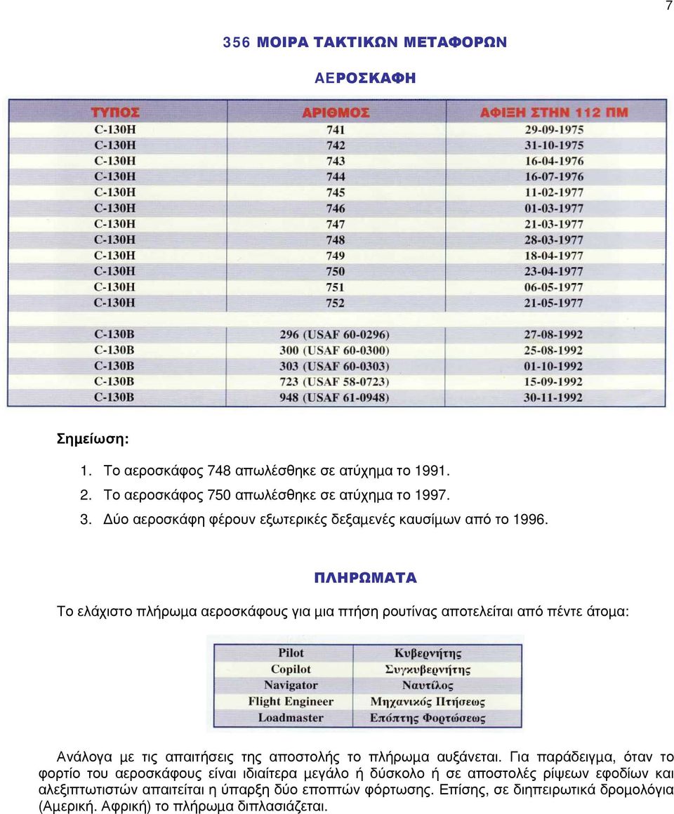 Για παράδειγµα, όταν το φορτίο του αεροσκάφους είναι ιδιαίτερα µεγάλο ή δύσκολο ή σε αποστολές ρίψεων εφοδίων και αλεξιπτωτιστών απαιτείται η ύπαρξη δύο