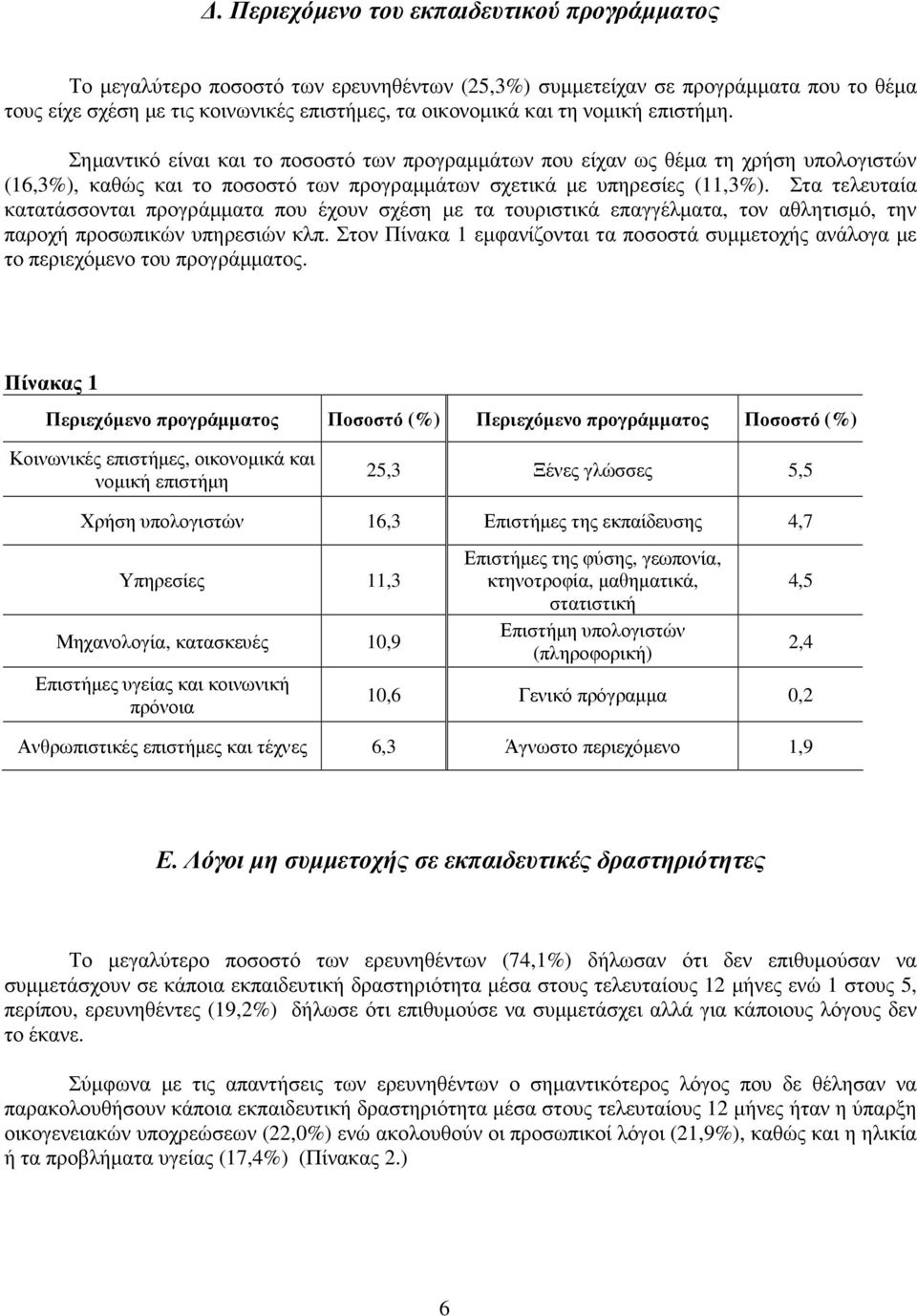 Στα τελευταία κατατάσσονται προγράµµατα που έχουν σχέση µε τα τουριστικά επαγγέλµατα, τον αθλητισµό, την παροχή προσωπικών υπηρεσιών κλπ.