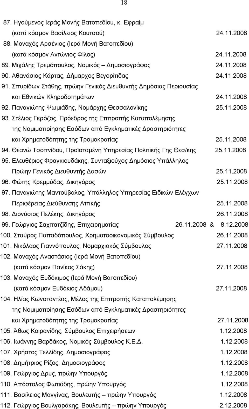 Σπυρίδων Στάθης, πρώην Γενικός Διευθυντής Δημόσιας Περιουσίας και Εθνικών Κληροδοτημάτων 24.11.2008 92. Παναγιώτης Ψωμιάδης, Νομάρχης Θεσσαλονίκης 25.11.2008 93.